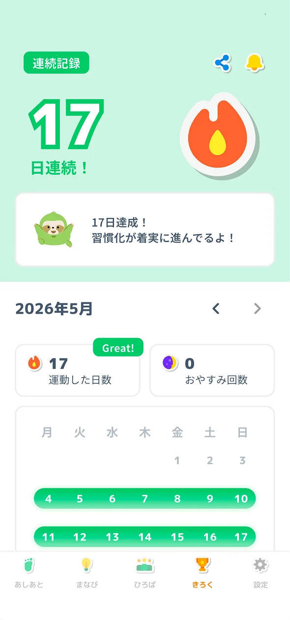 連続記録・カレンダー画面